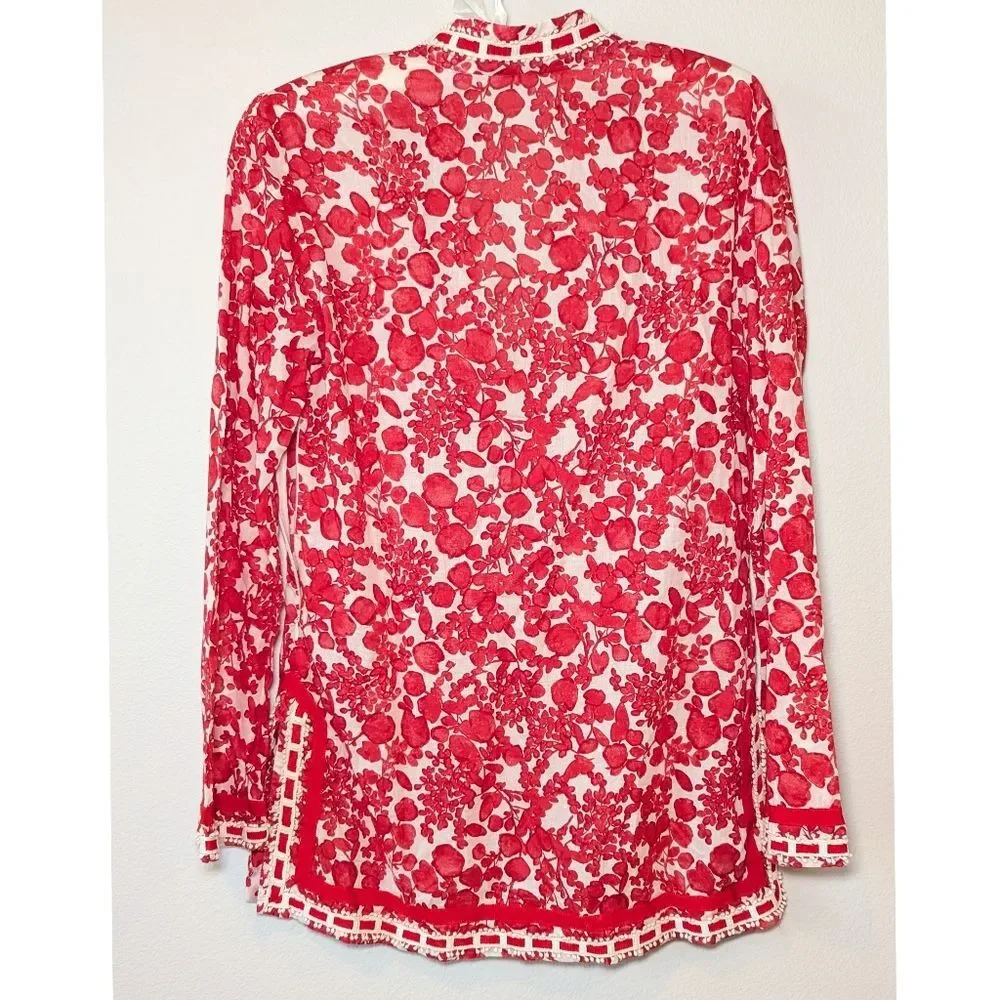 Tory Burch Red Floral Crochet Ribbon Details Blouse